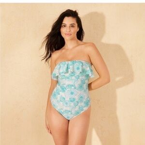 NWT Women's Floral Print Ruffle Bandeau Cheeky One Piece Turquoise Green Size XS